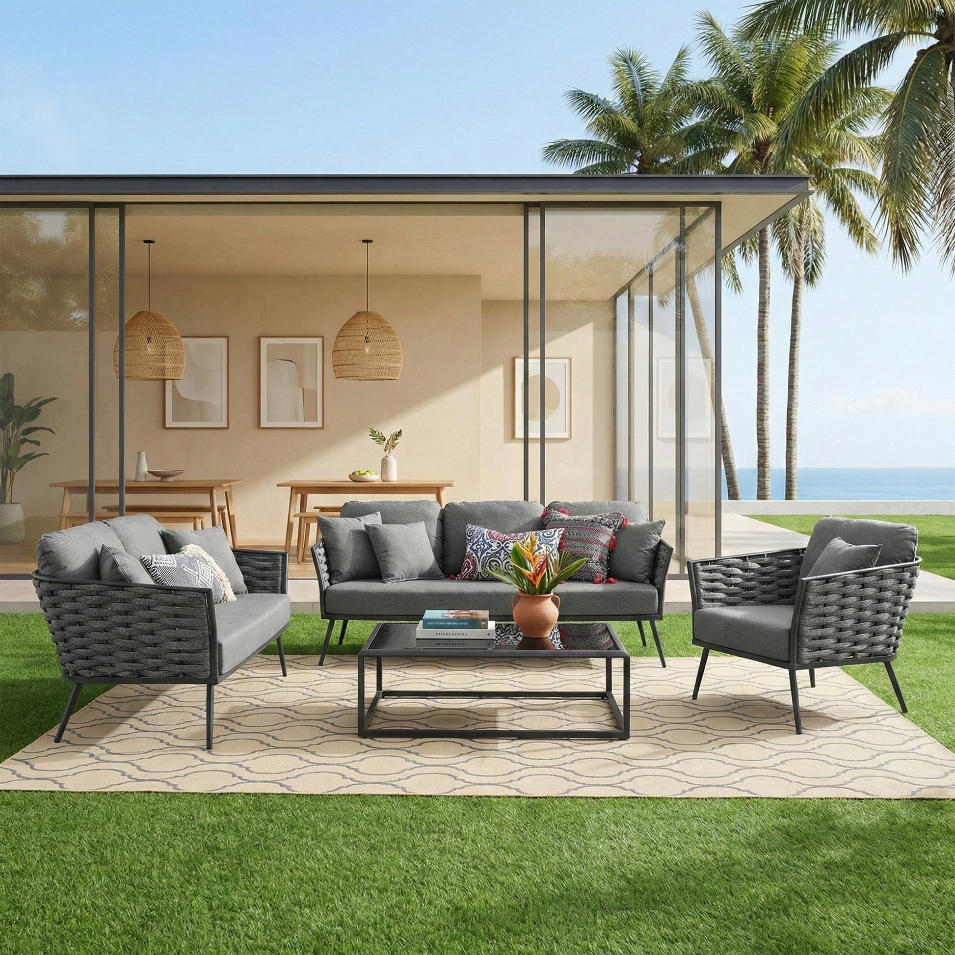 Belly Outdoor Garden Balcony Sofa Set 3 Seater,2 seater and Single Seater With 1 Table Set, Braid & Rope (Grey)