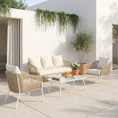 Rumi Outdoor Garden Balcony Sofa Set 3 Seater , 2 Single Seater 1 Center Table Set (White-Beige) Braided and Rope