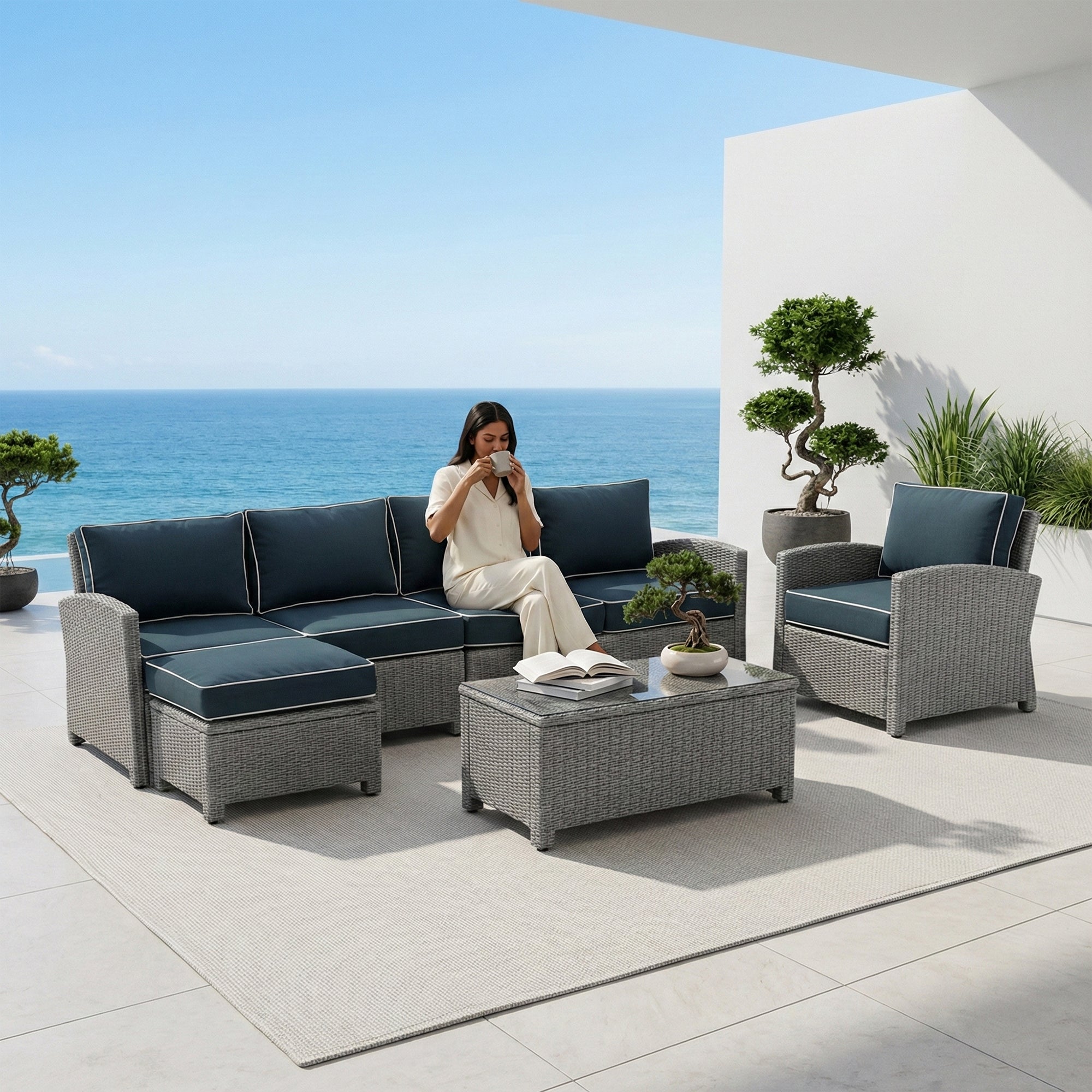 Kuisi Outdoor Garden Balcony Sofa Set 4 Seater, 1 Single seater With 1 Ottoman and 1 Center Table Set (Grey)