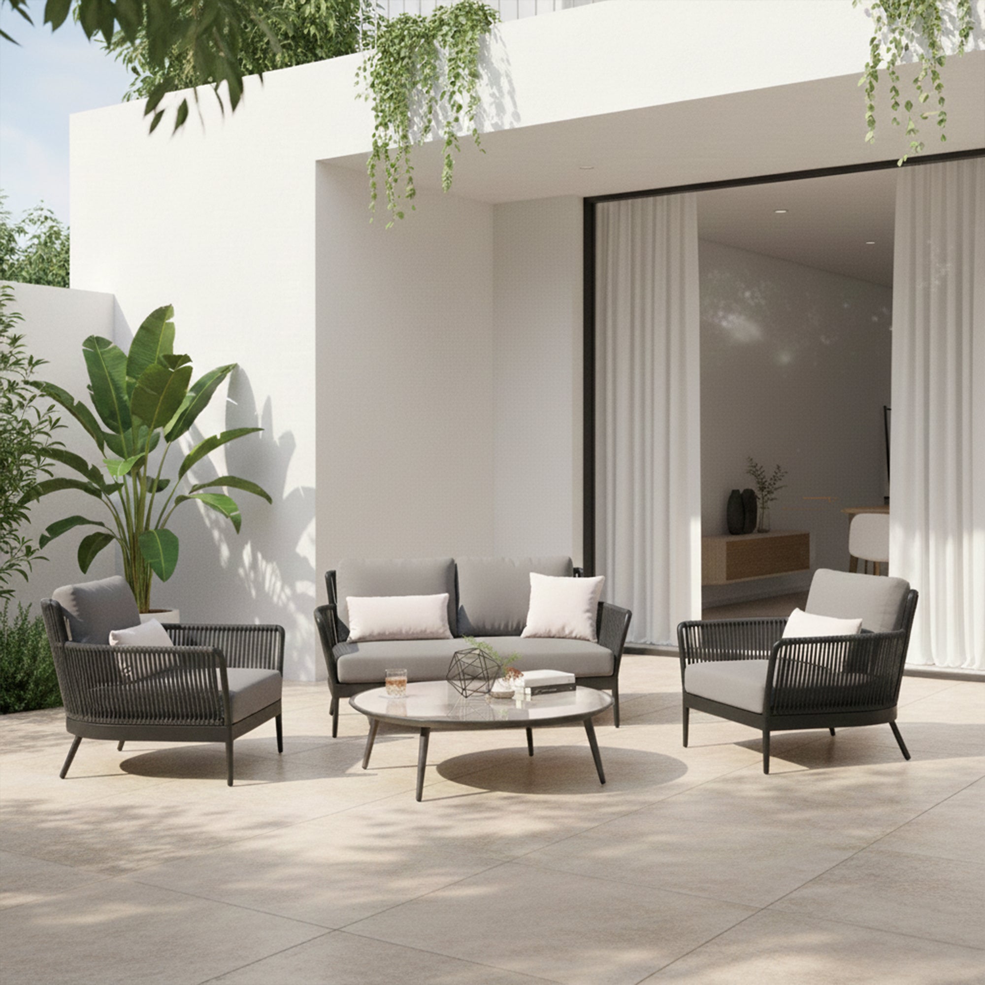 Tanza Outdoor Garden Balcony Sofa Set 2 Seater , 2 Single Seater 1 Center Table Set (Dark Grey) Braided and Rope