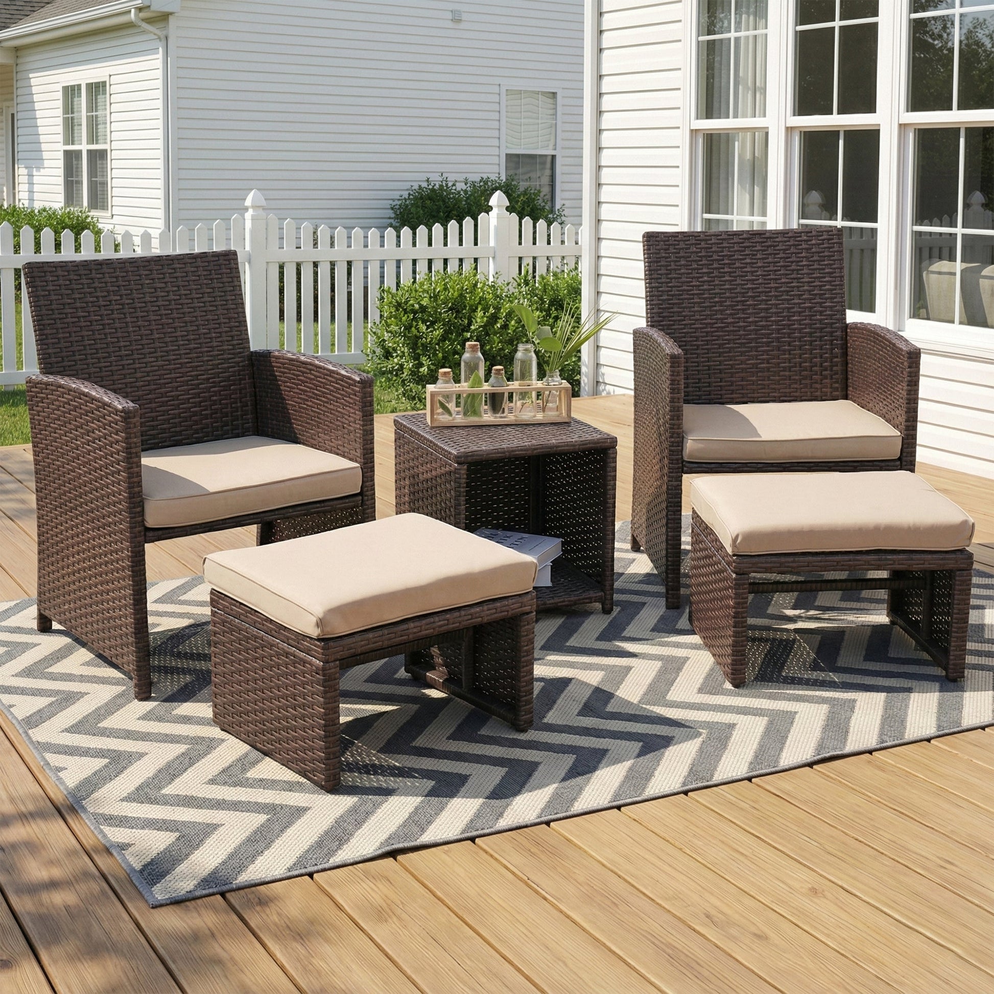 Calabresi Outdoor Seating Set 2 Single seater, 2 Ottoman and 1 Center Table (Brown + Beige)