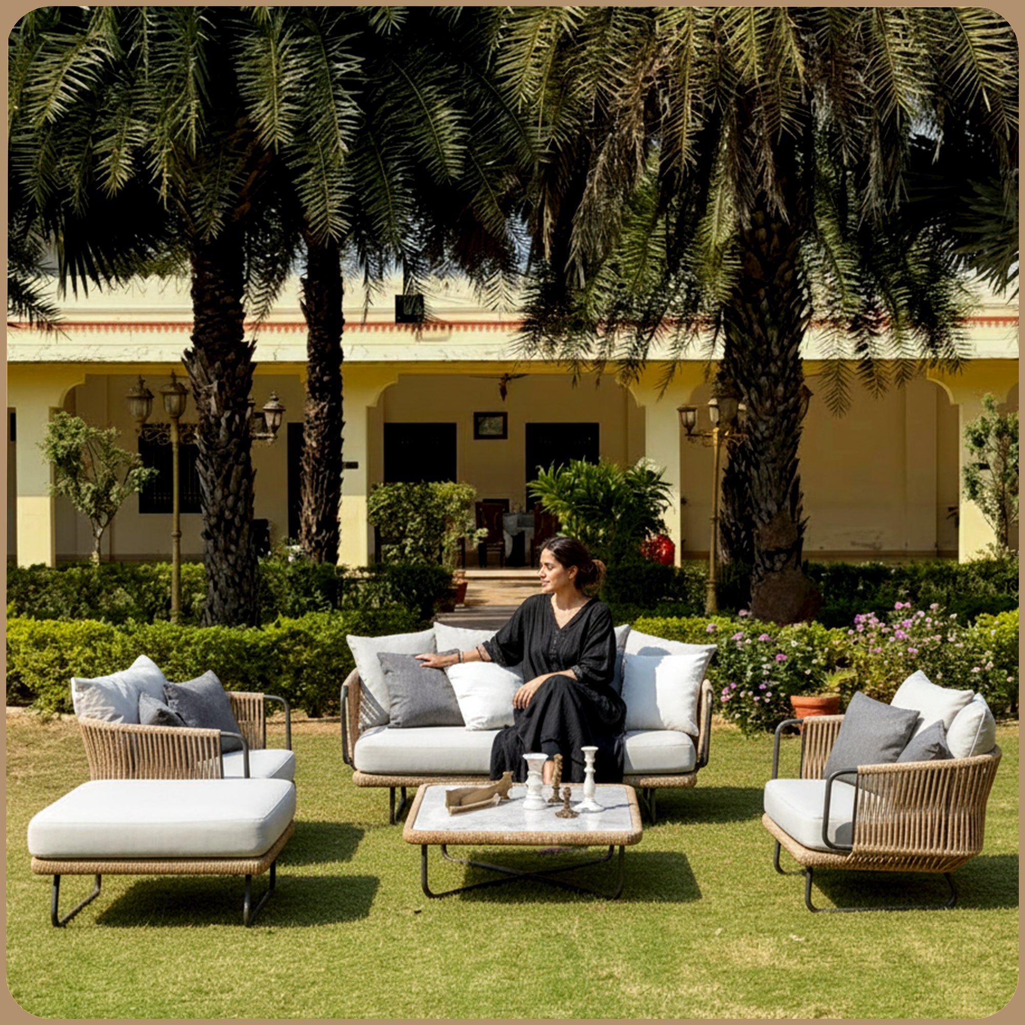 Kenly Outdoor Sofa Set 2 Seater, 2 Single seater and 1 Center Table with ottoman (Tan) Braided & Rope