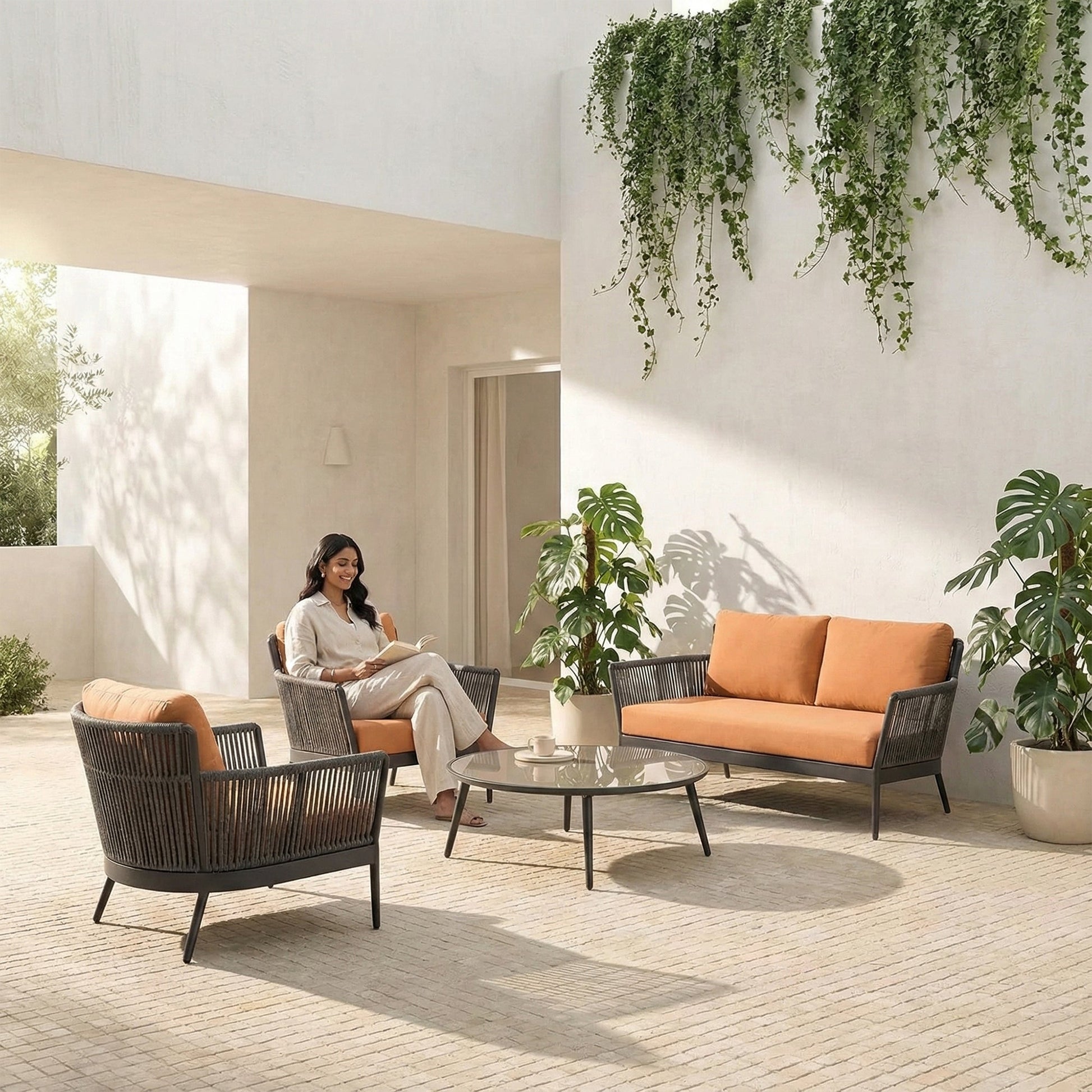 Rua Outdoor Garden Balcony Sofa Set 2 Seater , 2 Single Seater 1 Center Table Set (Dark Grey) Braided and Rope