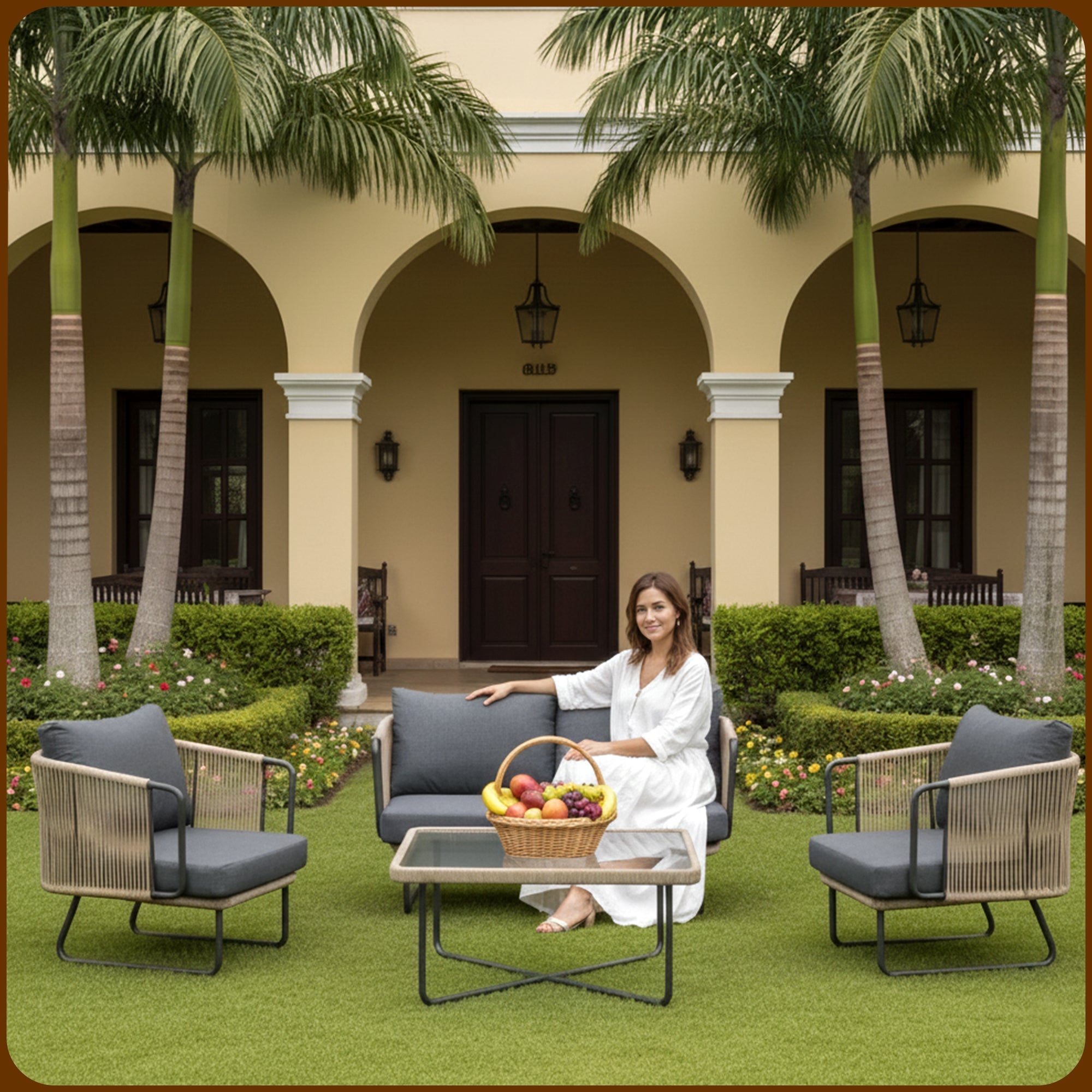 Belle Outdoor Garden Balcony Sofa Set 2 Seater , 2 Single Seater 1 Center Table Set (Dark Grey) Braided and Rope