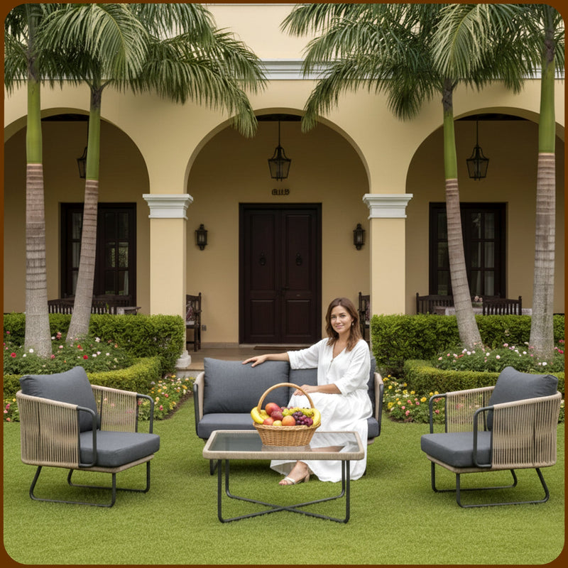 Belle Outdoor Garden Balcony Sofa Set 2 Seater , 2 Single Seater 1 Center Table Set (Dark Grey) Braided and Rope