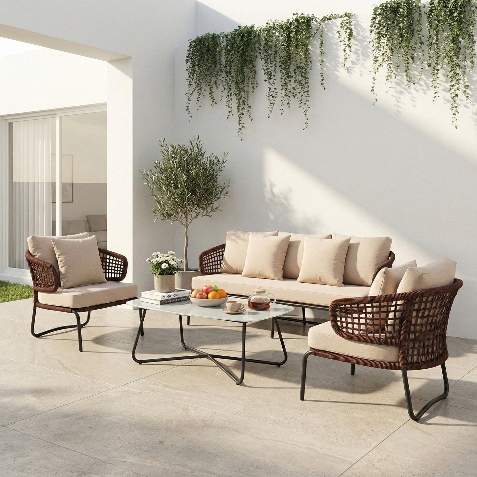 Riba Outdoor Sofa Set 3 Seater , 2 Single seater and 1 Center Table Set (Cream) Braided & Rope