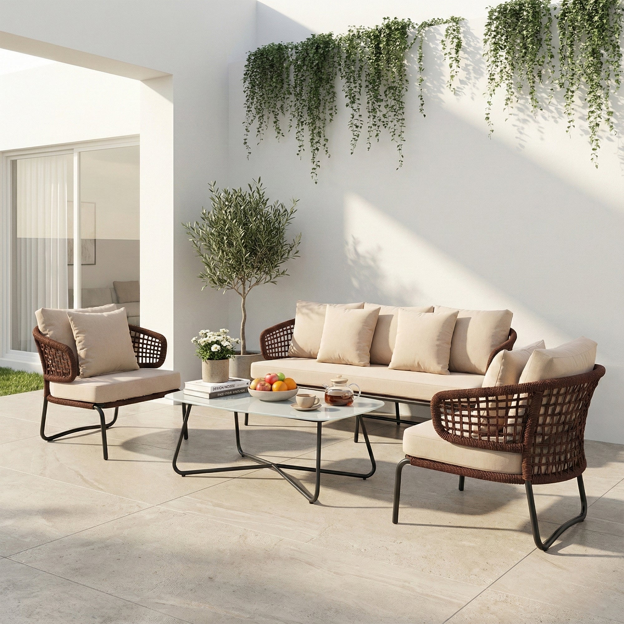 Riba Outdoor Sofa Set 3 Seater , 2 Single seater and 1 Center Table Set (Cream) Braided & Rope