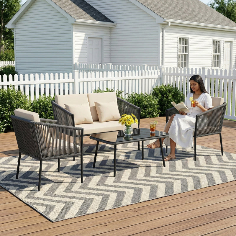 Parna Outdoor Garden Balcony Sofa Set 2 Seater , 2 Single Seater 1 Center Table Set Braided and Rope
