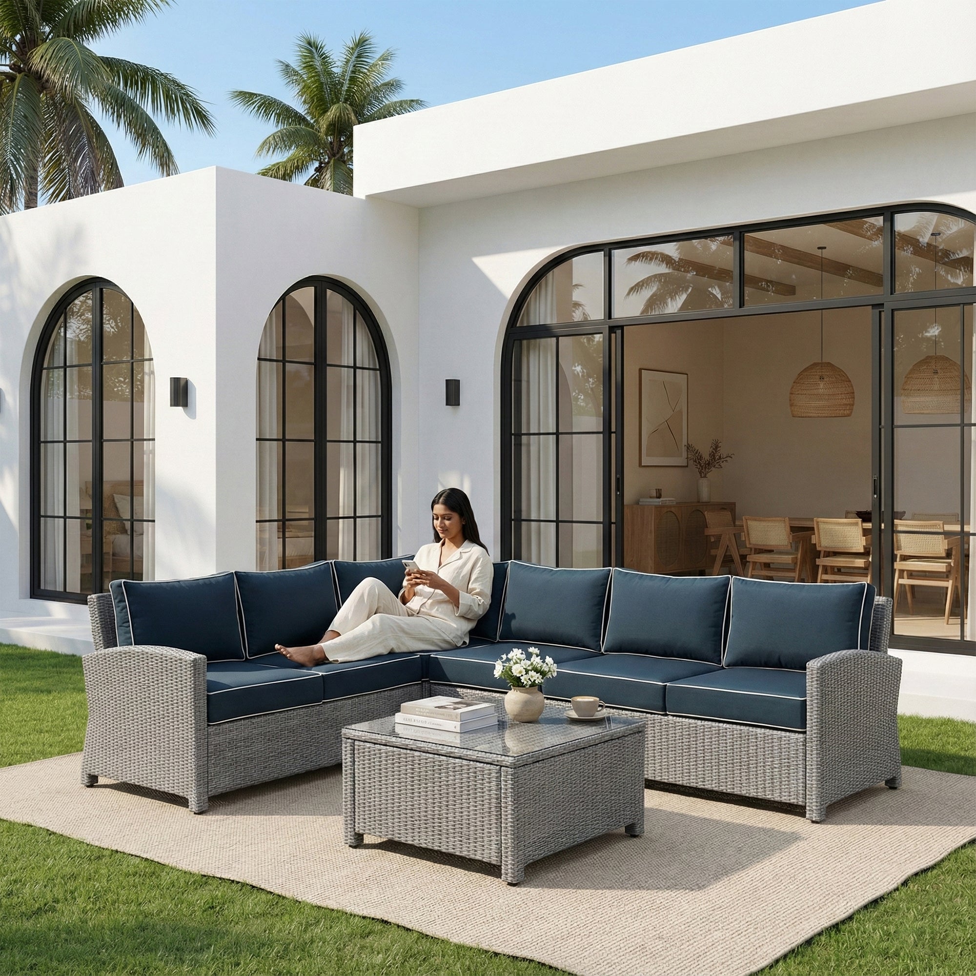 Estio  Outdoor Patio Sofa Set 4 Seater and 1 Table With 1 Ottoman Set