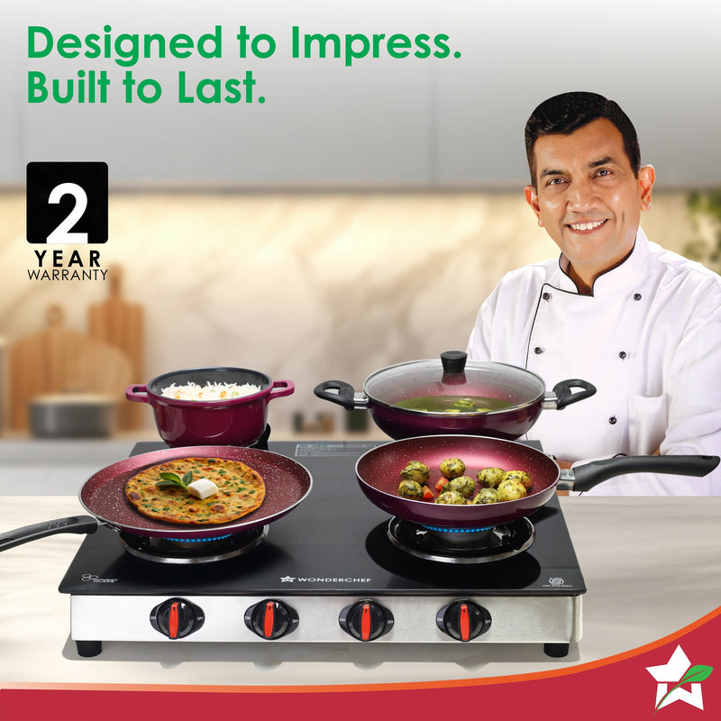 Wonderchef Galaxy Auto-Ignition 4 Brass Burner Gas Stove, LPG Gas Stove for Kitchen, No Lighter Needed, ISI Toughened Gl