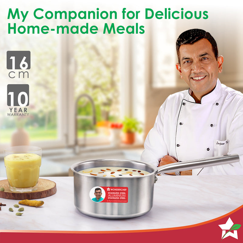 Wonderchef Stella Triply Stainless Steel Milk Pan | 16 cm, 1.7 Litres | Compatible with Gas Stove, Induction, Ceramic Co