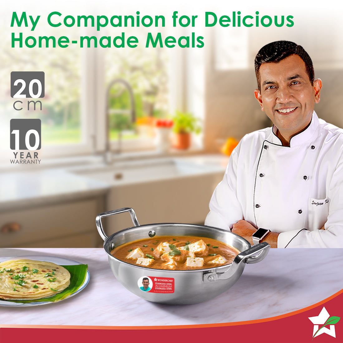 Stella Triply Stainless Steel Kadhai with Lid | 20 cm, 1.6 Litres | Compatible with Gas Stove, Induction, Ceramic Cooktop | Non-toxic | Heavy-duty Handle | 10-year Warranty