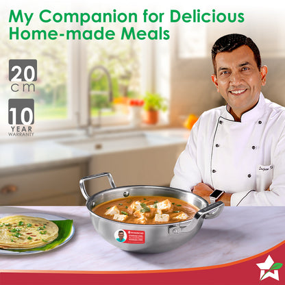 Stella Triply Stainless Steel Kadhai with Lid | 20 cm, 1.6 Litres | Compatible with Gas Stove, Induction, Ceramic Cooktop | Non-toxic | Heavy-duty Handle | 10-year Warranty