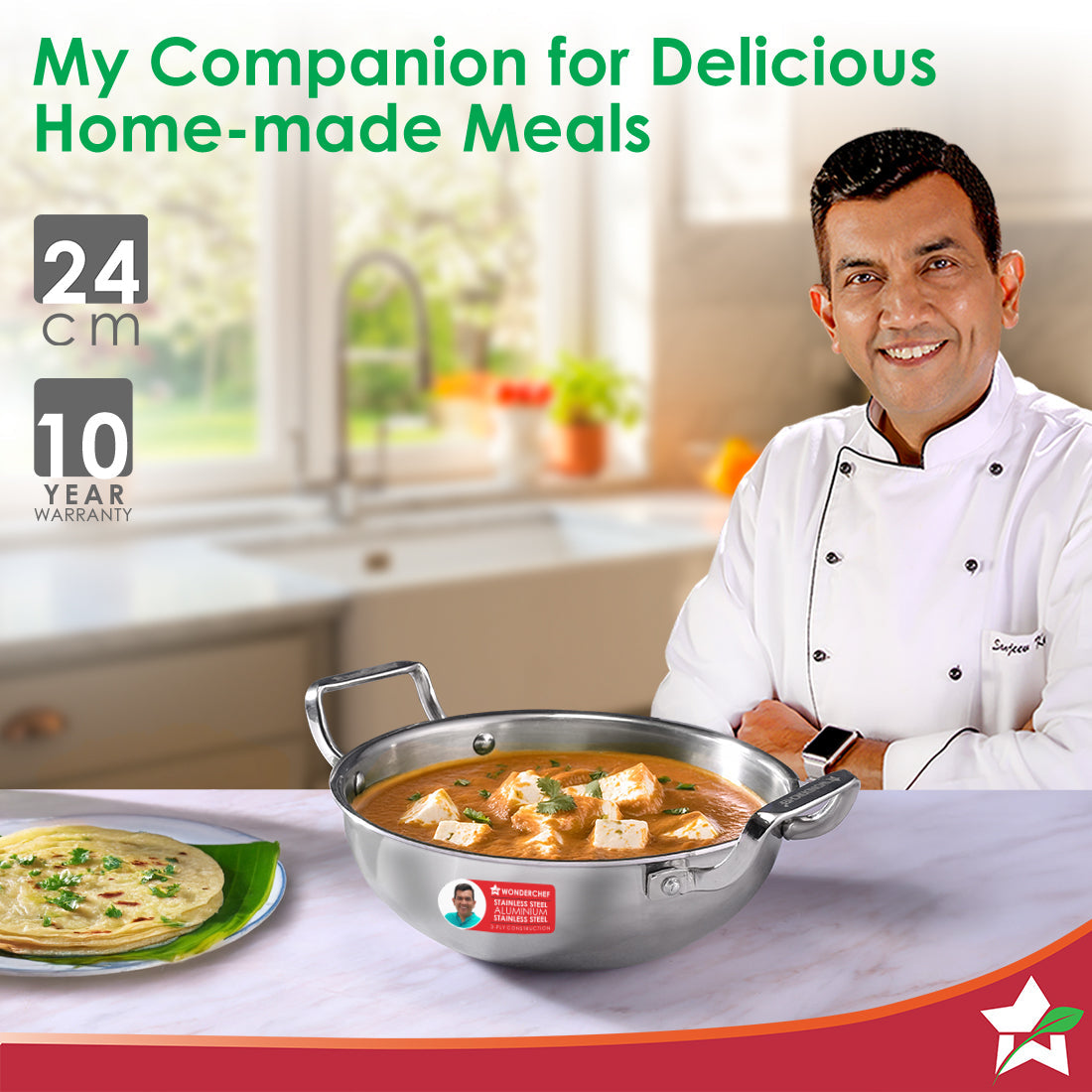 Stella Triply Stainless Steel Kadhai with Lid | 24 cm, 3 Litres | Compatible with Gas Stove, Induction, Ceramic Cooktop | Non-toxic | Uniform Heating | Heavy-duty Handle | 10-year Warranty