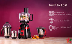 Platinum Food Processor-Mixer-Grinder | 750W Copper Motor | Blades for Slicing, Shredding, Kneading, Juliennes, French-Fries | 4 Jars for Dry/Wet Grinding, Blending | 5 Yr Warranty on Motor