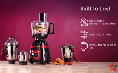 Platinum Food Processor-Mixer-Grinder | 750W Copper Motor | Blades for Slicing, Shredding, Kneading, Juliennes, French-Fries | 4 Jars for Dry/Wet Grinding, Blending | 5 Yr Warranty on Motor