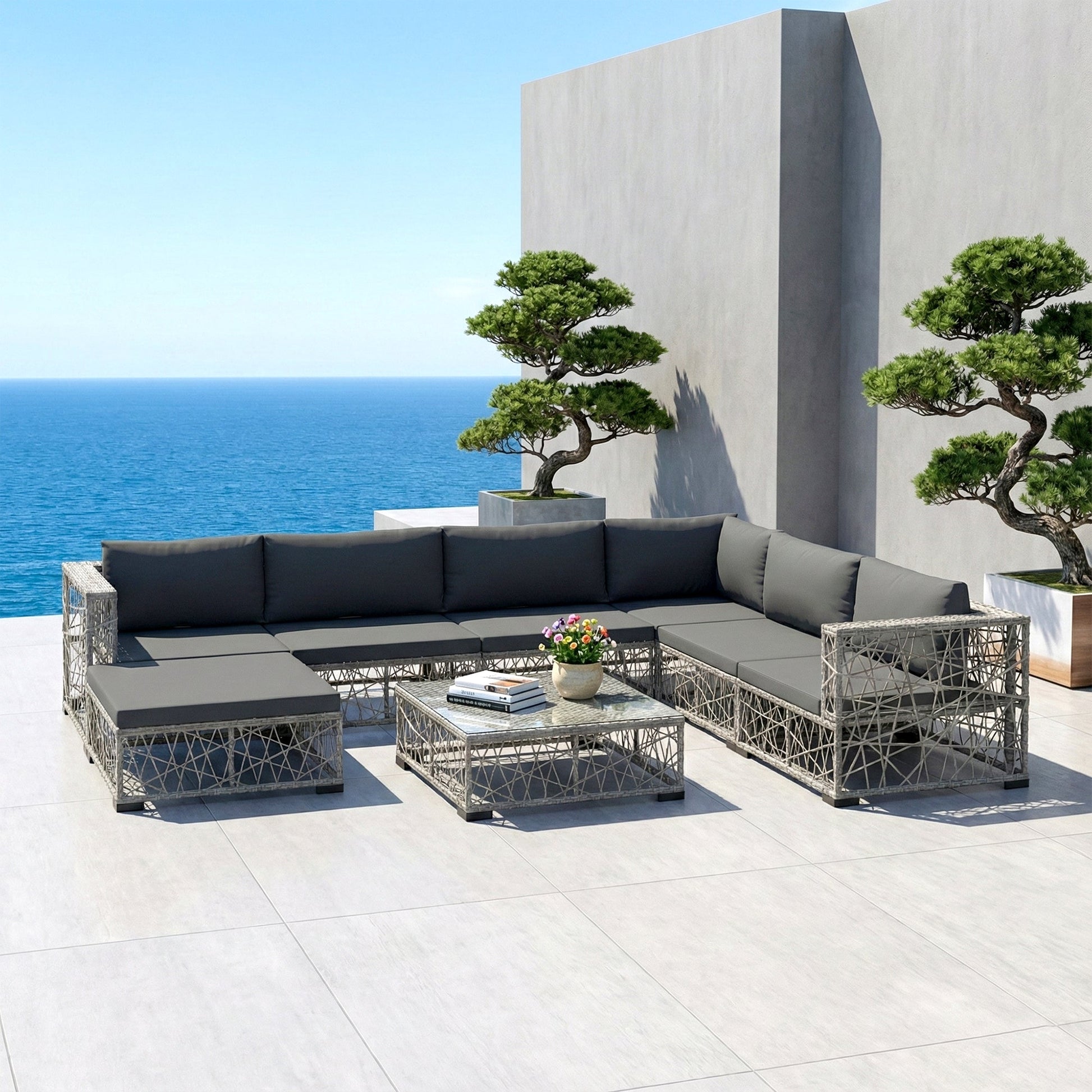Myca Outdoor Garden Balcony Sofa Set 6 Seater with 1 Ottoman and 1 Center Table Set (Grey)