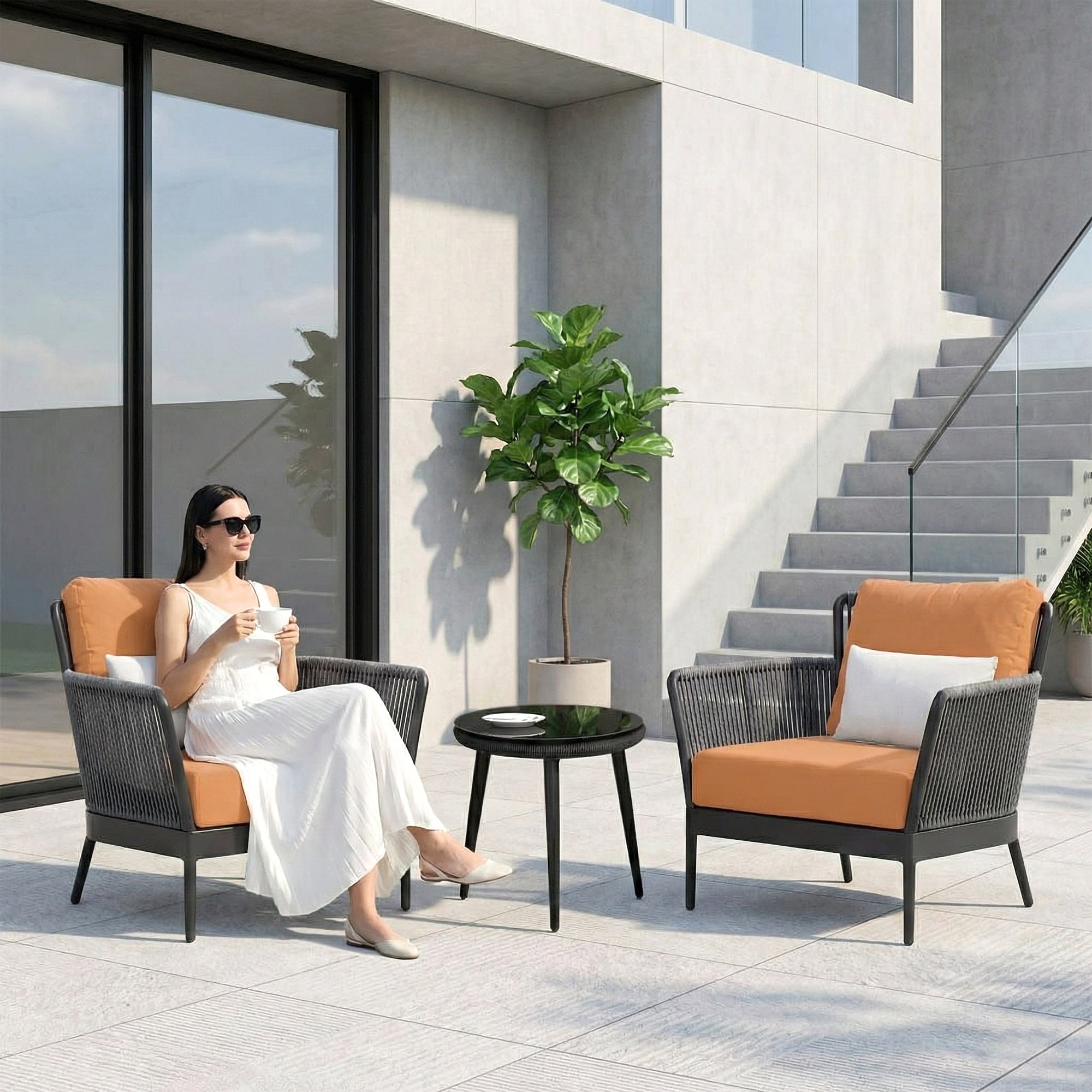 Tito Outdoor Patio Seating Set 2 Chairs and 1 Table Set (Grey) Braided & Rope