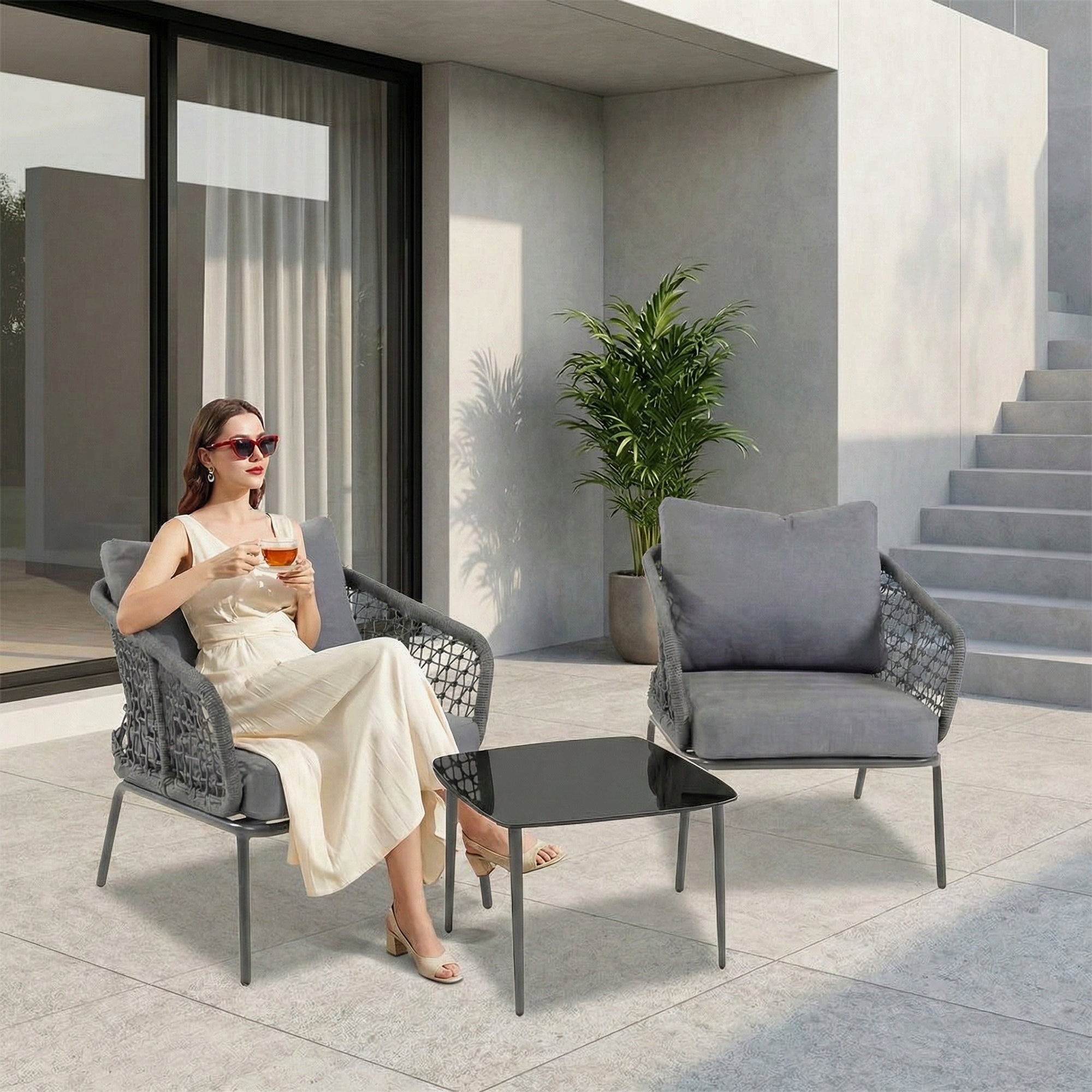 Filix Outdoor Patio Seating Set 2 Chairs and 1 Table Set (Grey) Braided & Rope