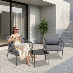 Filix Outdoor Patio Seating Set 2 Chairs and 1 Table Set (Grey) Braided & Rope