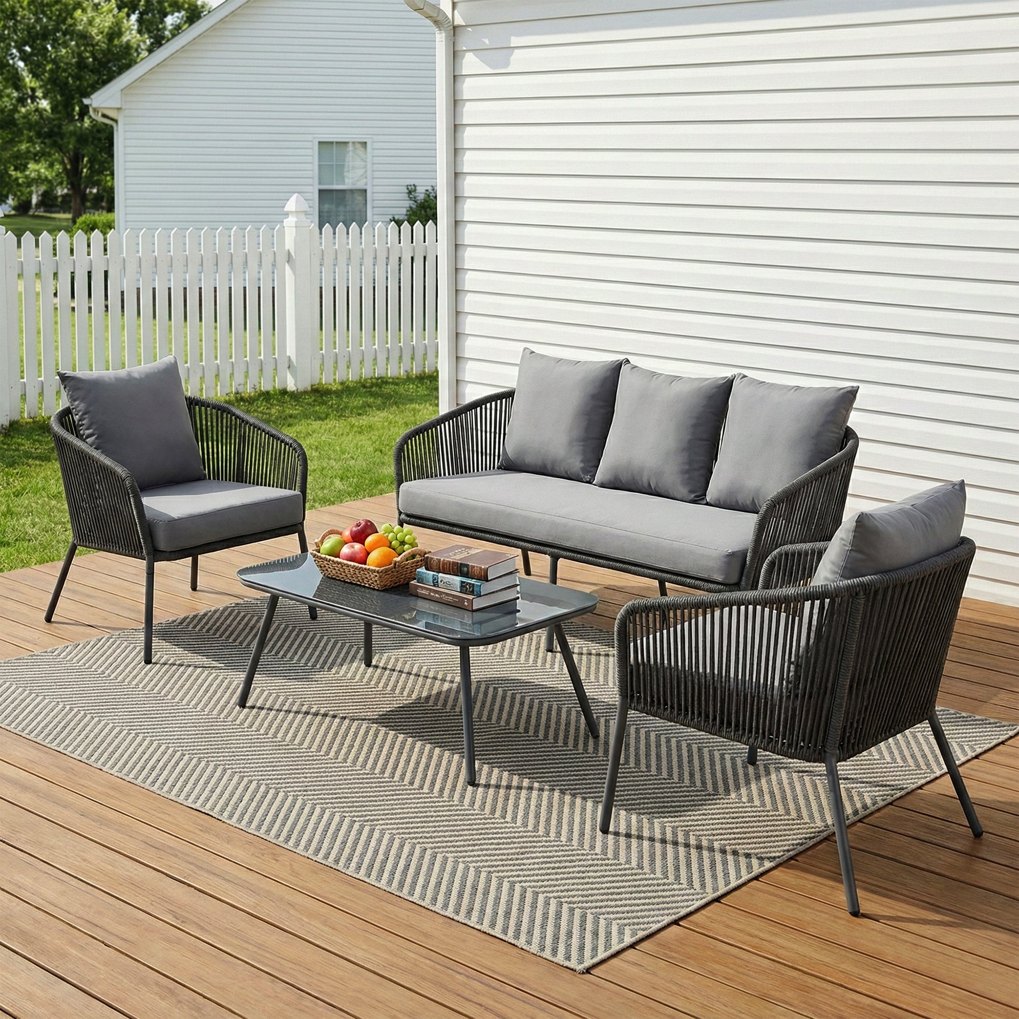 Akva Outdoor Sofa Set 3 Seater , 2 Single seater and 1 Center Table Set (Grey) Braided & Rope