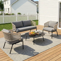 perola Outdoor Garden Balcony Sofa Set 2 Seater , 2 Single Seater 1 Center Table Set (Grey-Beige) Braided and Rope