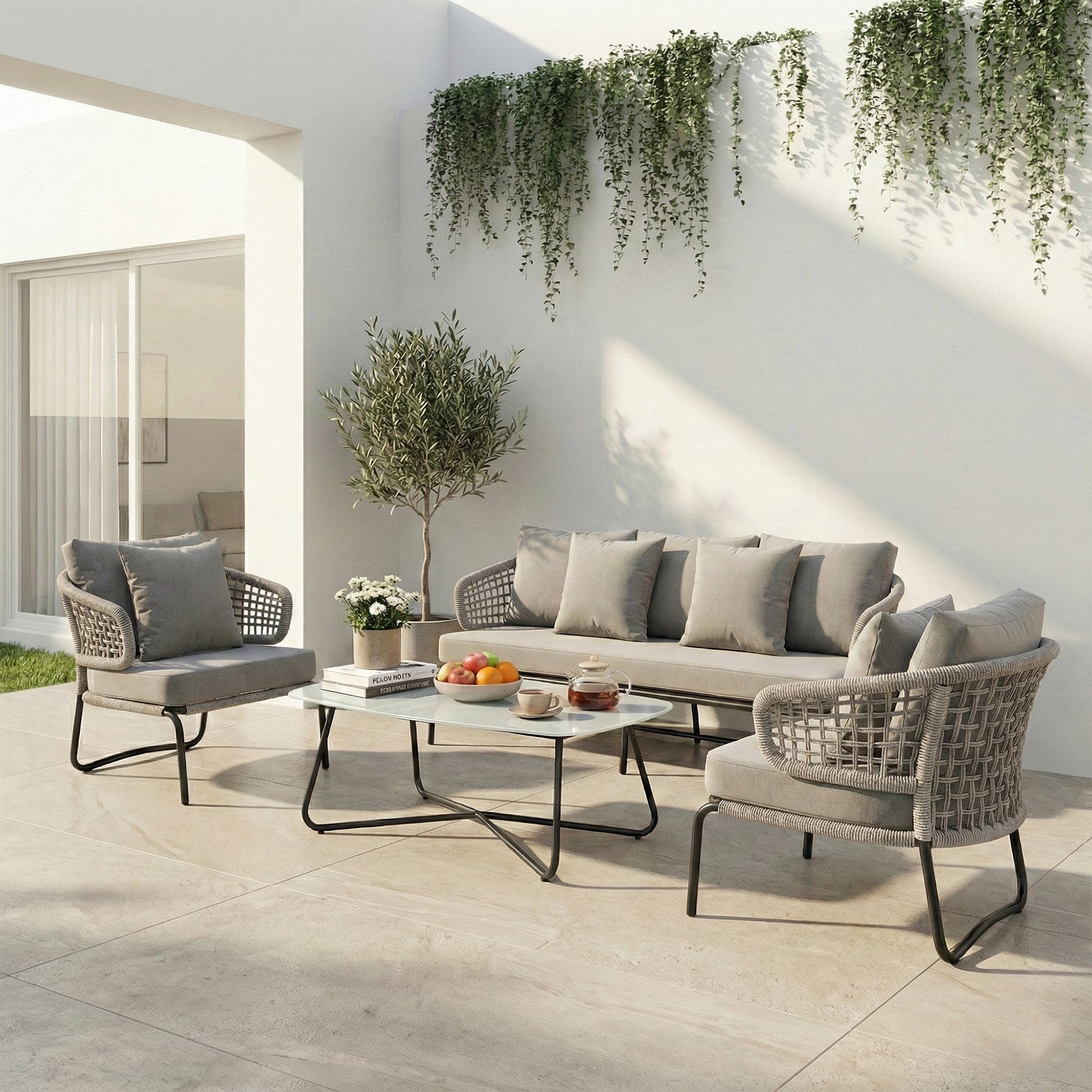 Velory Outdoor Sofa Set 3 Seater , 2 Single seater and 1 Center Table Set (Grey) Braided & Rope
