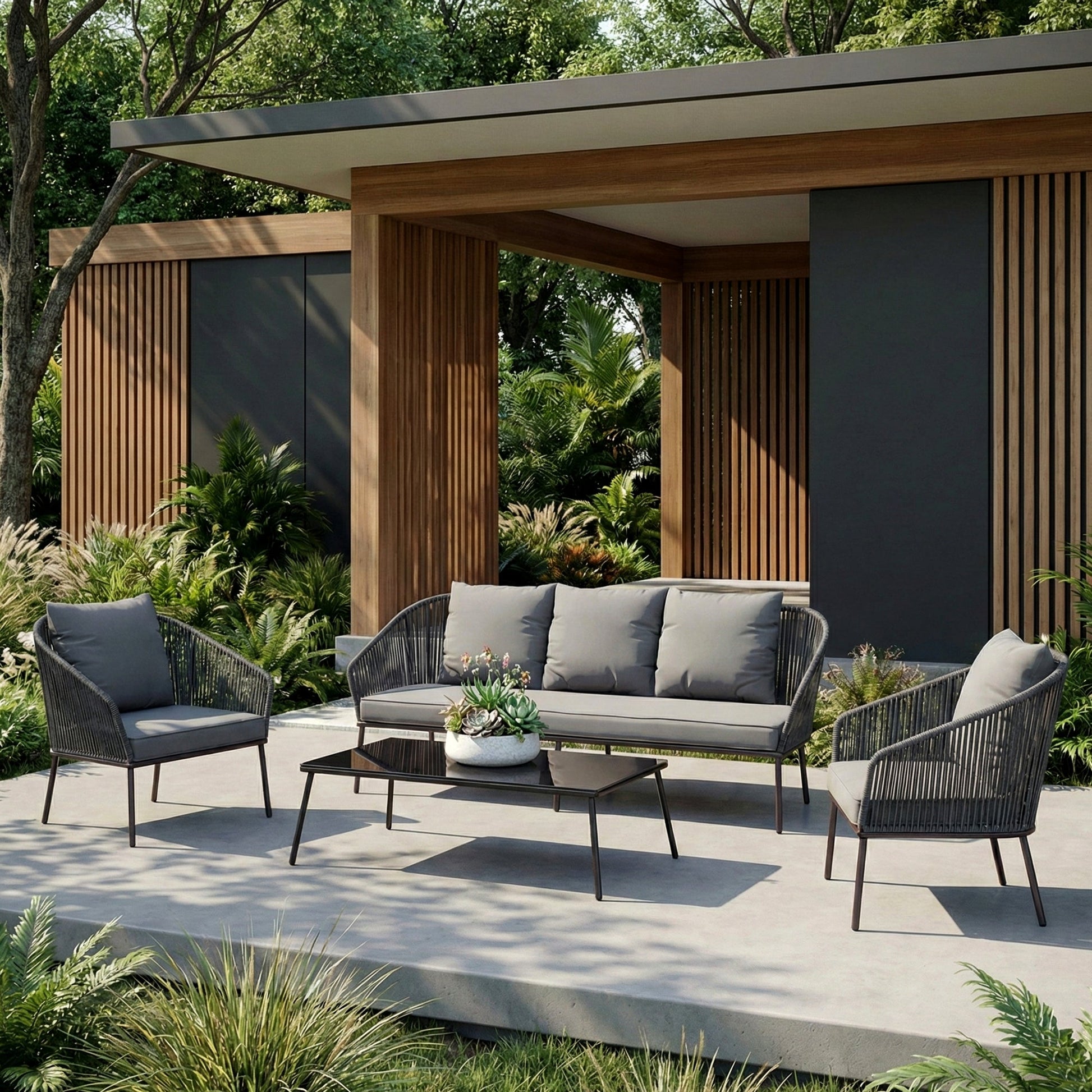 Shed Outdoor Sofa Set 3 Seater , 2 Single seater and 1 Center Table Set (Dark grey) Braided & Rope