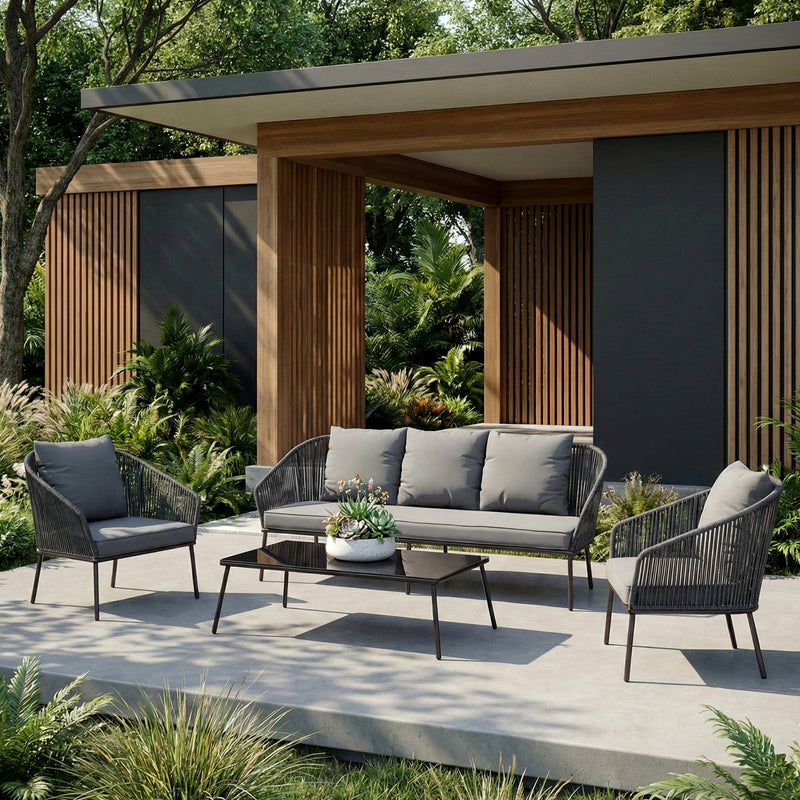 Shed Outdoor Sofa Set 3 Seater , 2 Single seater and 1 Center Table Set (Dark grey) Braided & Rope
