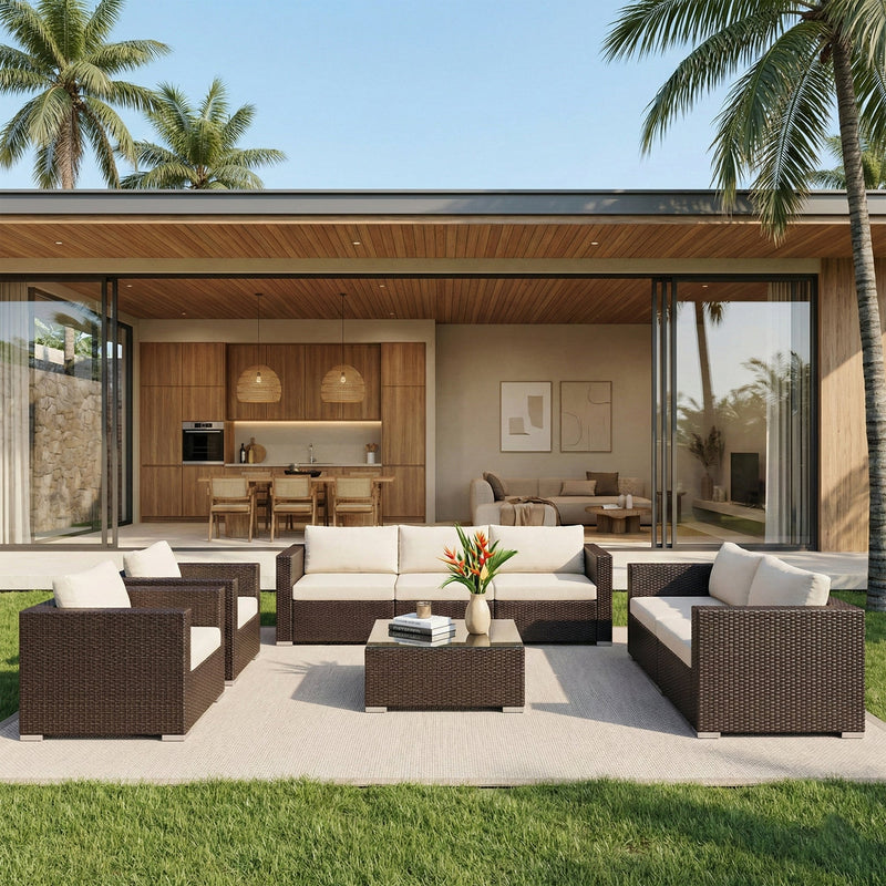 Torino Outdoor Garden Balcony Sofa Set 3 Seater, 2 Seater With 2 Single Seater and 1 Center Table With 1 Side Table Set (Brown)