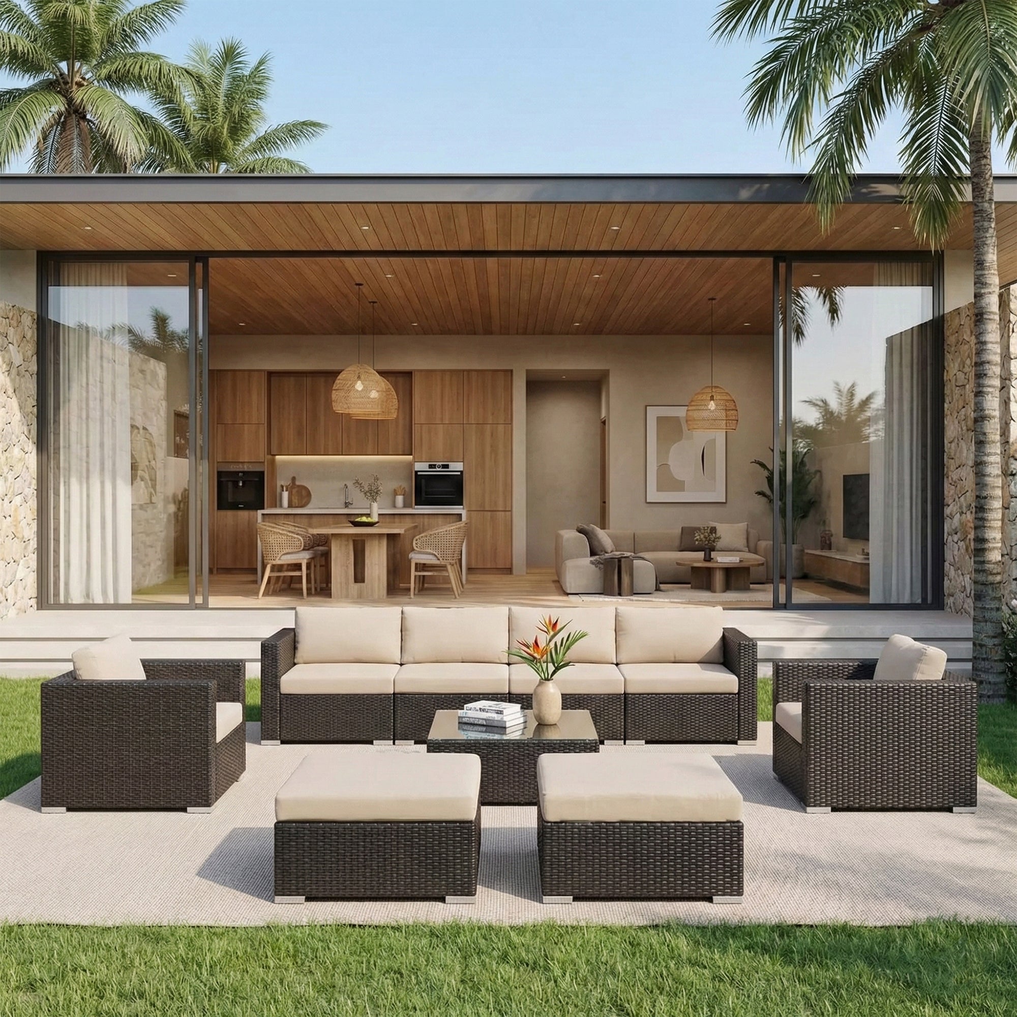 Mimi Outdoor Garden Balcony Sofa Set  4 Seater, 2 Single Seater with 2 ottoman and 1 Center Table Set (Brown)