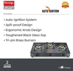 Prestige Atlas Plus High Effient Brass burner & Toughened Glass Automatic Gas Stove (3 Burners)