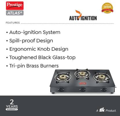 Prestige Atlas Plus High Effient Brass burner & Toughened Glass Automatic Gas Stove (3 Burners)
