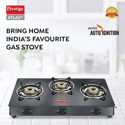 Prestige Atlas Plus High Effient Brass burner & Toughened Glass Automatic Gas Stove (3 Burners)