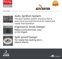 Prestige Atlas Plus High Effient Brass burner & Toughened Glass Automatic Gas Stove (3 Burners)
