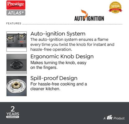 Prestige Atlas Plus High Effient Brass burner & Toughened Glass Automatic Gas Stove (3 Burners)