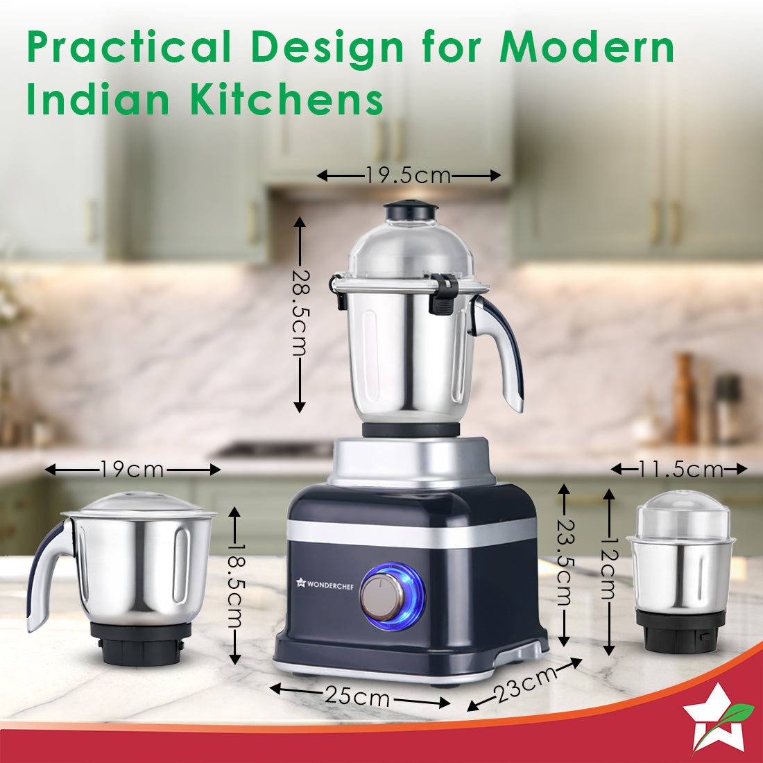 Wonderchef Cube 1000W Mixer Grinder, 3 Jars with Flow Breakers, Special Coarse Blade for Silbatta-style Khada Masala Gri