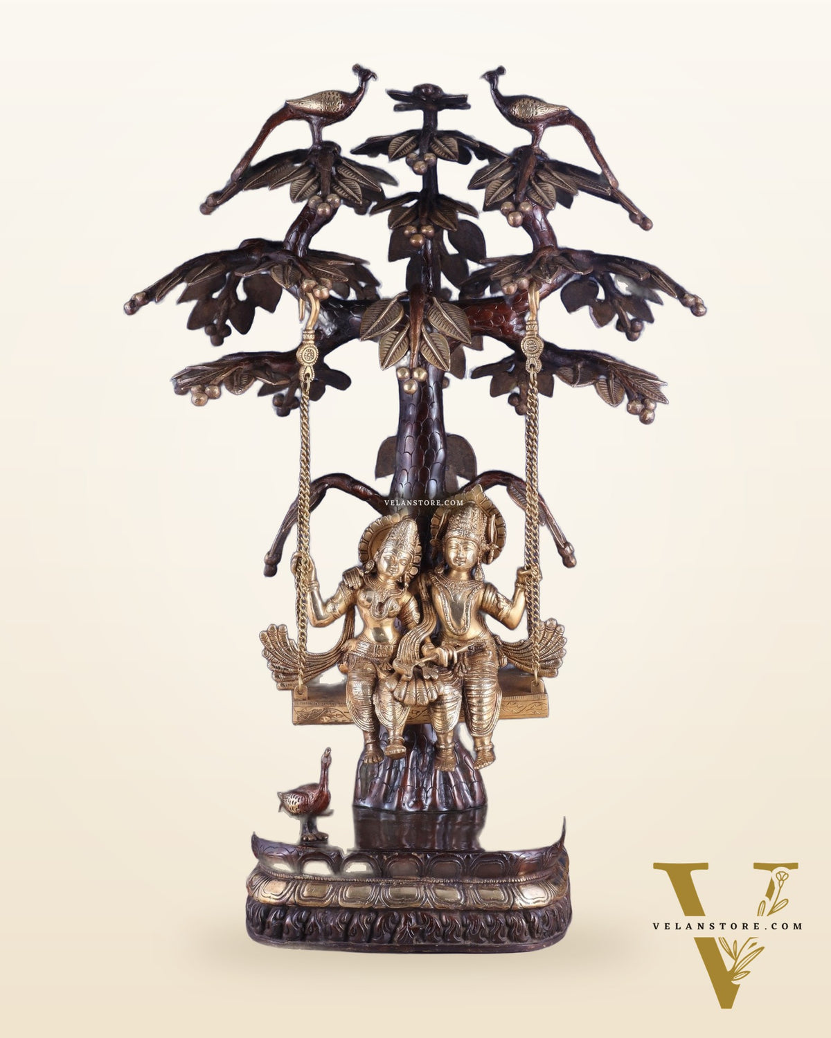 3-Foot Brass Radha Krishna Swing with Kalpavriksha and Peacock Motifs in Brown-Gold Finish