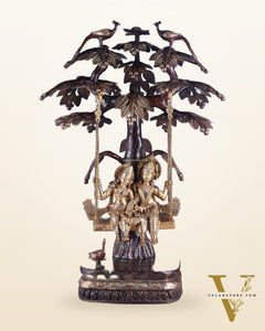 3-Foot Brass Radha Krishna Swing with Kalpavriksha and Peacock Motifs in Brown-Gold Finish