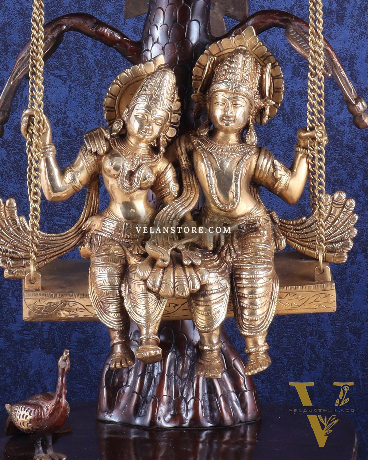3-Foot Brass Radha Krishna Swing with Kalpavriksha and Peacock Motifs in Brown-Gold Finish