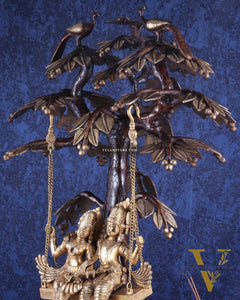 3-Foot Brass Radha Krishna Swing with Kalpavriksha and Peacock Motifs in Brown-Gold Finish