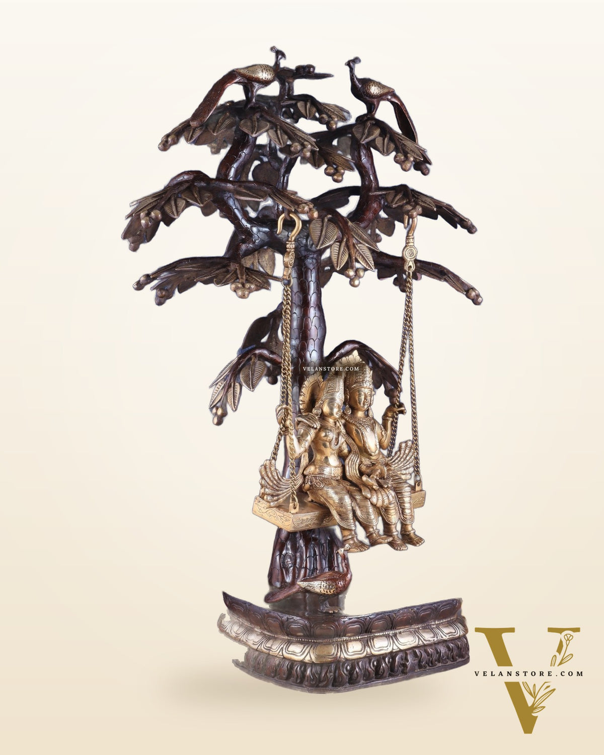 3-Foot Brass Radha Krishna Swing with Kalpavriksha and Peacock Motifs in Brown-Gold Finish