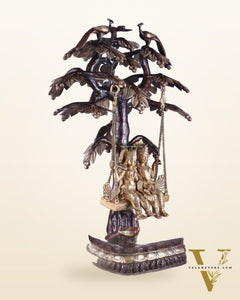 3-Foot Brass Radha Krishna Swing with Kalpavriksha and Peacock Motifs in Brown-Gold Finish