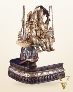3-Foot Brass Radha Krishna Swing with Kalpavriksha and Peacock Motifs in Brown-Gold Finish