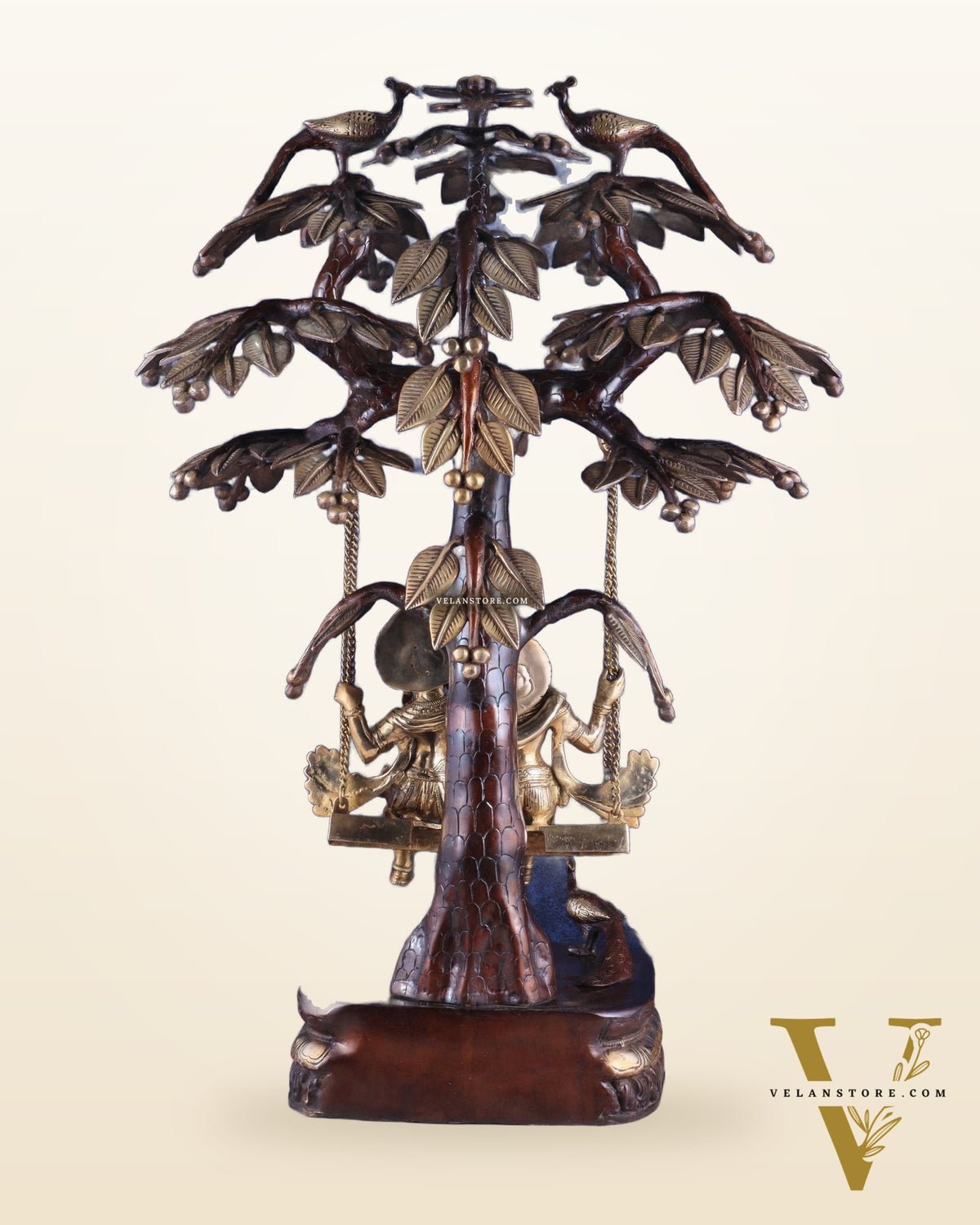 3-Foot Brass Radha Krishna Swing with Kalpavriksha and Peacock Motifs in Brown-Gold Finish