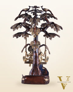 3-Foot Brass Radha Krishna Swing with Kalpavriksha and Peacock Motifs in Brown-Gold Finish