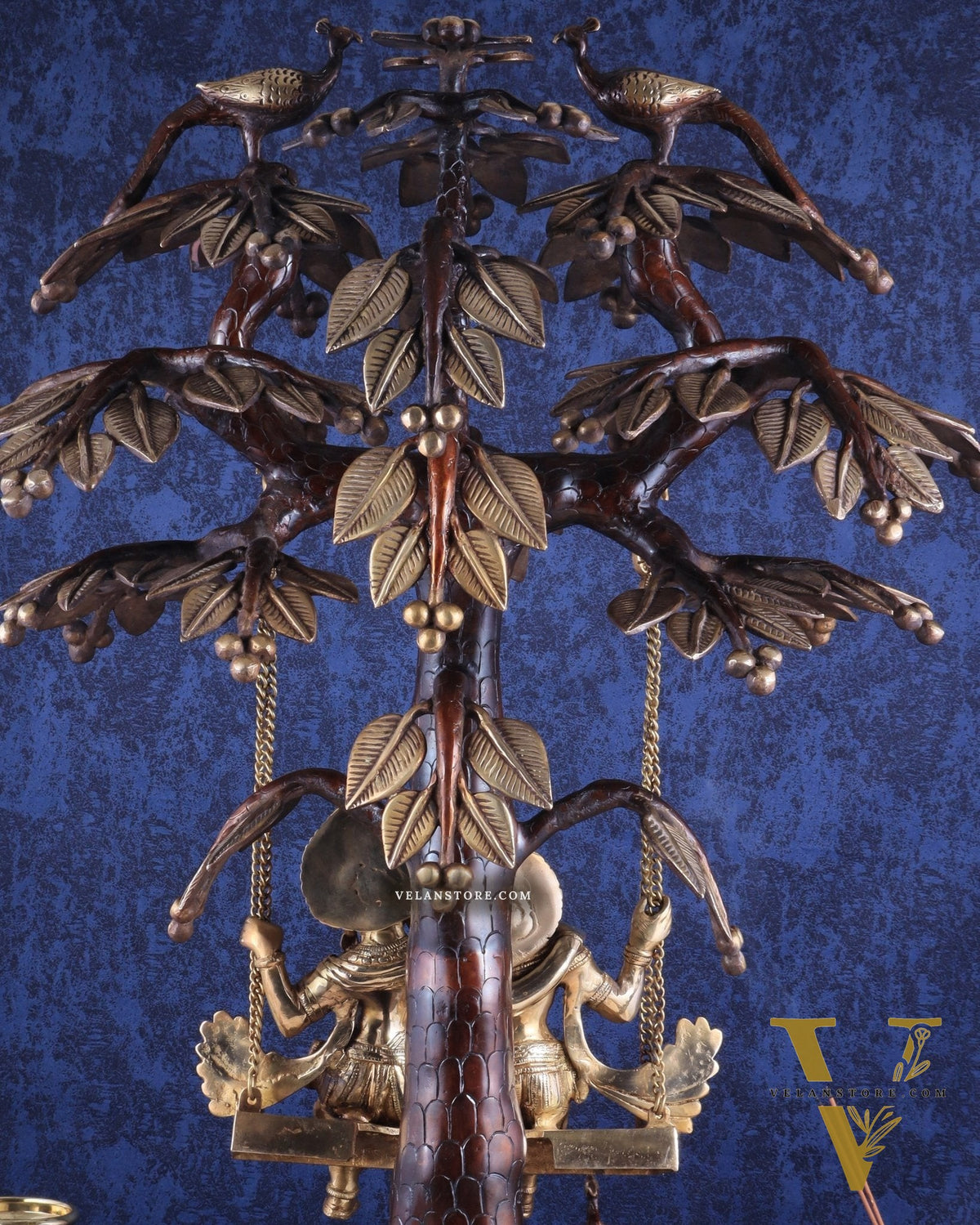 3-Foot Brass Radha Krishna Swing with Kalpavriksha and Peacock Motifs in Brown-Gold Finish