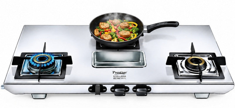Prestige Stellora 3B|Uniquely Designed Pan Support|Cleaning Stand|360° Revolving Nozzle Stainless Steel Manual Gas Stove