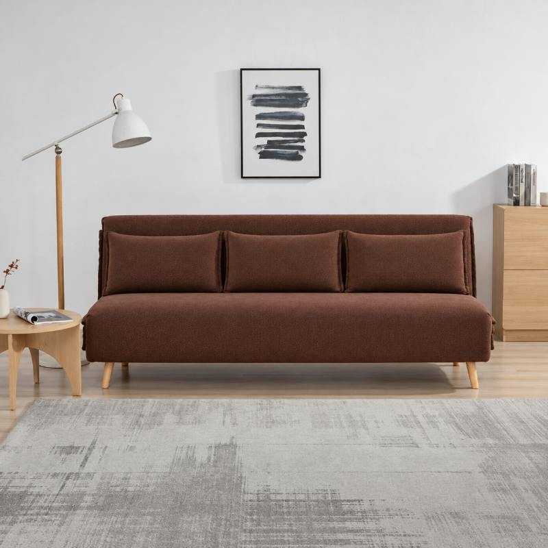 Modern 3 Seater Daybed Sofa Come Bed, Brown Fabric Fold-Out Sleeper Lounge, Convertible Sofa Bed for Living Room, Guest Room & Lounge