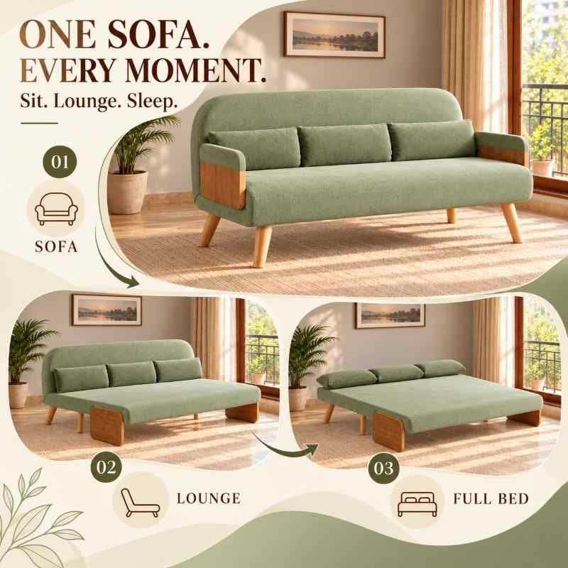 Green 3-Seater Solid Wood Daybed, Full Sofa Bed, Folding Adjustable Sleeper Lounge Chair - Solid Wood Base (Without Side Tray)